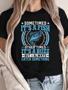Camiseta con estampado de texto de pesca ,Camiseta informal de algodón de verano para mujer, de manga corta y cuello redondo, 220 g/m² (1 pieza) - Negro - Ver 1