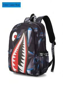 男女通用时尚鲨鱼嘴印花背包/单肩包，撞色蓝色闪电图案学校/笔记本电脑包，配有可调节肩带，随机全身印花