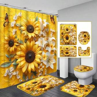 1/4pcs Sunflower Floral Bathroom Set - Vibrant Yellow-Green Sunflower Design, Includes Shower Curtain, U-Shaped Mat, Toilet Lid Cover, Suitable For Spring Decor, All Season Use, Polyester Material, Unlined, Bathroom Decor | Sunflower Theme | Shower Curtain, Sunflower Decoration Fall Decor Bathroom Accessories Back To School