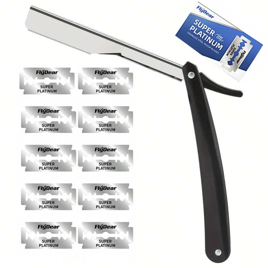 Afeitadora manual antigua, cuchillas de acero inoxidable, navaja de afeitar de borde recto plegable vintage antideslizante con soporte, afeitadora manual para hombres de barbería, navaja de seguridad lavable cuyo mango es fácil de usar