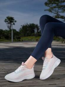 Tênis de corrida feminino leve, multicolorido e com cadarço, respirável, casual, de malha, para atividades ao ar livre - Baby Rosa - Ver 3
