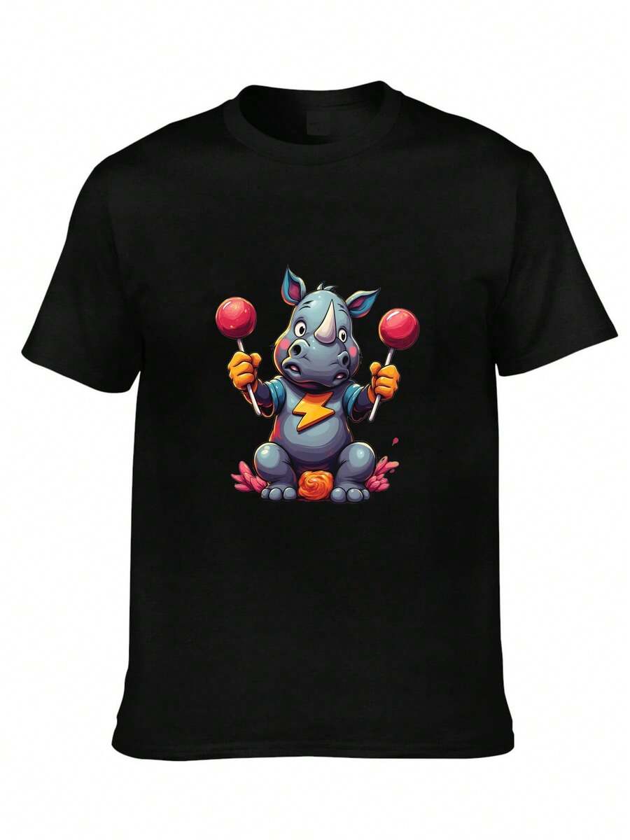 Men's Summer Short Sleeves-A Cartoon Rhino Holding Two Red Lollipops - 黑色 - 查看 1