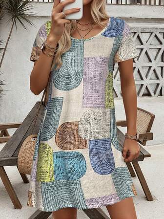 Geometric Print V-Neck Beach Dress - Lightweight, Breezy, Short Sleeve, Loose, Comfortable Holiday Wear