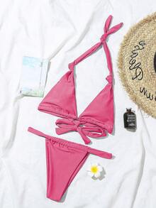 2pcs/Set Women's Sexy Ruched Lace Backless Beach Bikini For Summer Vacation - Pink - View 3