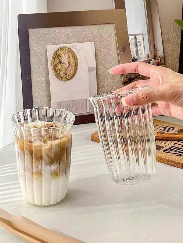 1 Stück/2 Stück 450ml Eiskaffee Glas, vintage gerippter Milch-Kaffee Becher, Cold Brew Kaffee Becher, Eiskaffe Glas, strohloser kreativer Getränkebecher, Nachmittags-Teeglas für Zuhause, geeignet für Restaurant und Café, Schul-Zubehör