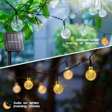 1 pieza Luces de cadena de bolas de cristal solares, resistentes al agua IP65 para uso en exteriores, luces de burbuja LED para decoración de jardín, con 8 modos, 20/50/100 leds, perfectas para acampar, decoración de tienda de campaña y ambiente acogedor de dormitorio, luces de cadena solares para jardín exterior, fiesta, Halloween, Navidad, Pascua, iluminación para acampar.