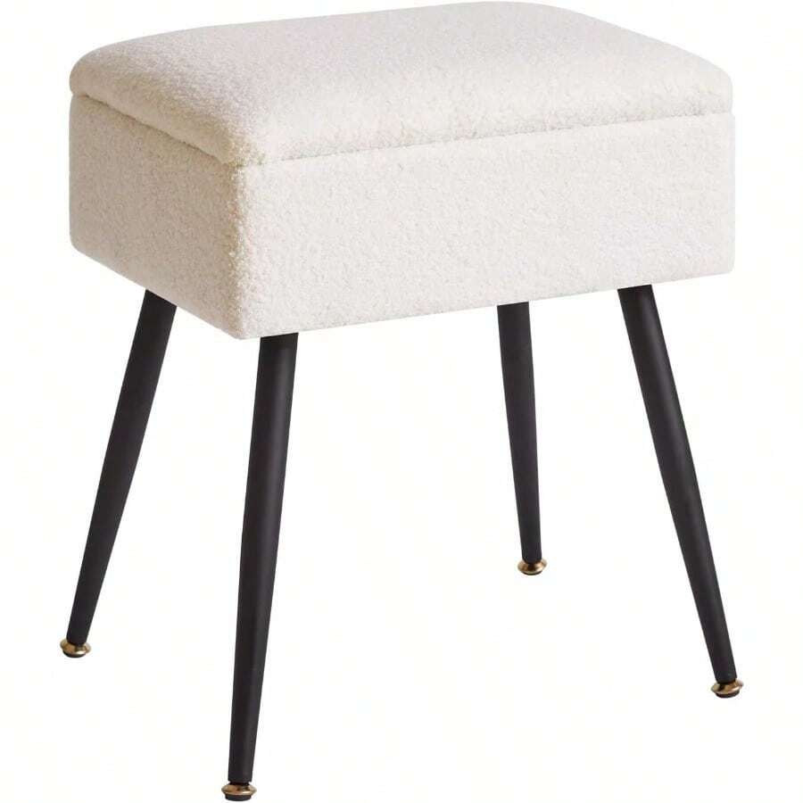 Faux Teddy Fur Dressing Table Stool, Rectangular Vanity Stool With Storage, Dressing Table Seat Small Side Table For Makeup Room, Bedroom, White YD-SMS137W - Warm White - View 1