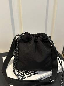 Sac seau minimaliste et léger à cordon de serrage, sac bandoulière en nylon de couleur unie, convient pour les courses, le portefeuille, les courses, les jeunes femmes - Noir - Voir 3