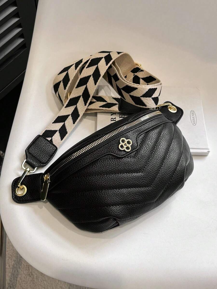 Striped Stitched PU Leather Crossbody Bag, Adjustable Wide Strap - Black - View 1