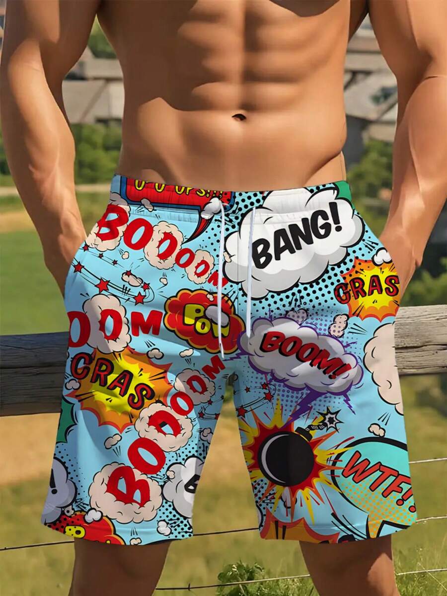 3 件男士彩色字母印花休闲大码沙滩短裤，宽松夏季假日风格沙滩裤，可机洗
