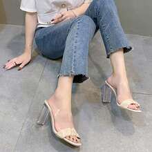 Mujeres sandalias de tacón alto zapatillas de verano cabeza cuadrada una palabra transpirable cristal tacón alto - Albaricoque - Ver 4