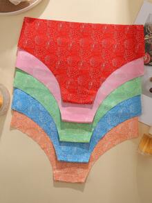 5pcs Women's Seamless Triangle Briefs, Silky Ice Silk Fabric With Delicate Strawberry Print Underpants
