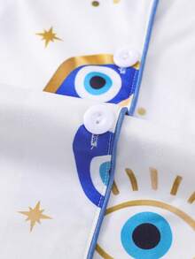 2pcs Spring Eye Print Party Women Pajama Set, Short Sleeve Collared Cardigan Top And Elastic Waist Shorts, Casual All Season Women Sleepwear & Loungewear Outfit