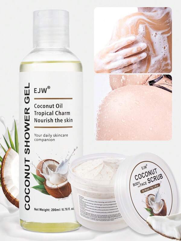 Coconut Body Wash And Exfoliating Scrub- Nourishing, Hydrating, Rejuvenating Skin With Coconut Oil, And Long-Lasting Fragrance - Shower Gel With Rich Foam -Suitable For All Skin Types