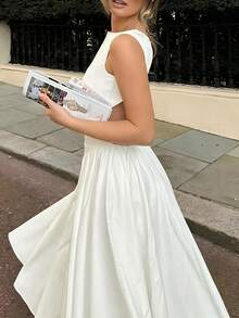 Women's Summer Elegant Waist Backless Sleeveless Long Dress - White - View 4