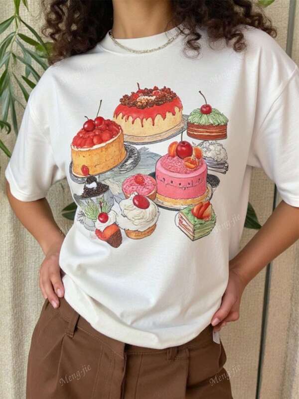 Plus Size Women Cherry Cake & Ice Cream Graphic Short Sleeve T-Shirt, Casual