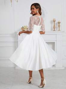 Romantic Lace Bridal Shower Dress Satin Mid Sleeve Umbrella Dress, Wedding Dress,Bride