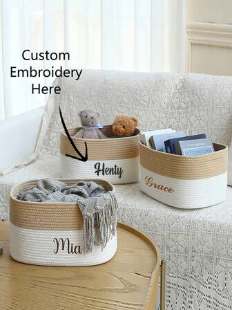 1 pezzo Cestino da immagazzinaggio personalizzato ricamato, cestino decorativo per la nursery - cestino intrecciato in corda bicolore, adatto per festa di nascità, festa della mamma, festa del papà, festa dei bambini, ringraziamento, Natale, regalo per neonati o per il ritorno a scuola