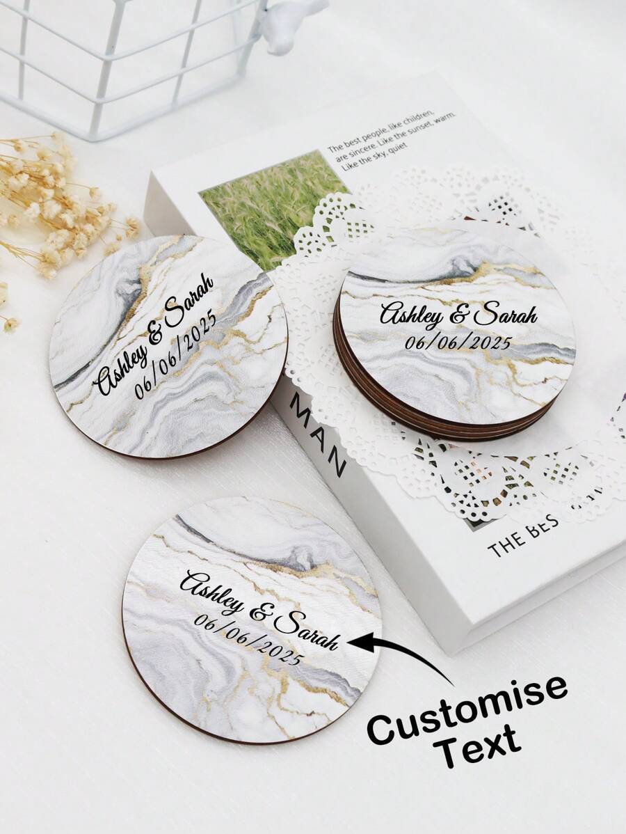 6pcs Custom Printed Faux Marble Wood Coasters & Placemats, Heat Insulation Pad For Home Use - White - View 1