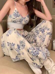 Conjunto de pantalones de verano de 2 piezas para mujer, sin mangas, hombros descubiertos, parte superior, cintura alta, pantalones de pierna ancha, ropa de calle Y2k - Azul - Ver 7