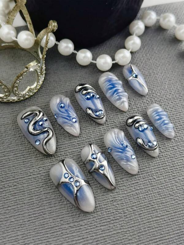 Handmade Press-On Fake Nails | 10pcs-Ballet Shape Blue-White Gradient + Metal-Wrapped Rhinestones | Reusable | Comfortable & Pressure-Free | Includes Jelly Glue & Mini File | Easily Create High-End Looks For Daily/Parties