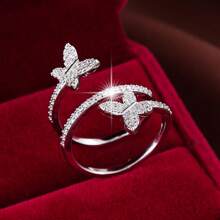 Anillo envolvente abierto con diseño de mariposa, de cobre con circonita sintética, joyería de uso diario ajustable para todas las estaciones