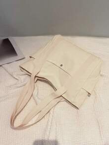 1pc,Large Capacity Canvas Tote Bag, Multi Pockets Shoulder Bag, Reusable Shopping Bag, Easy To Carry With Comfort Handle, For Daily Use And Gifts Portable Handbag For School Work Travel Shopping Suitable For Teen Summer Casual Outdoor Athletic Or Vacation Travel Or Graduation Gifts Or Birthday Dress Accessories - Multicolor - View 3