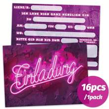 16pcs Neon Graffiti Party Invitation Cards - Lively Night Theme, Birthday & School Event Decorations, German Text, Cartoon Design, No Assembly Required, Birthday Party Decor