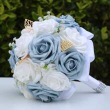 1 Stück eleganter blauer Rosenstrauß mit Satinband, Mori Stil Goldblatt Braut Brautjungfer Hochzeit Künstliche PE Schaum Rose Blumenstrauß PE407E