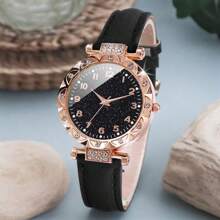 Set de 5 piezas de reloj de cuarzo con correa con cristales y pulsera de perlas para mujer (sin caja)