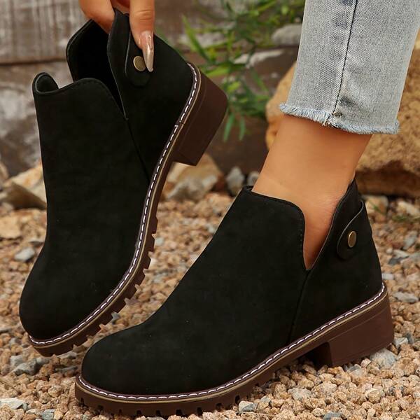 Damen Schwarze Slip-On Stiefeletten mit niedrigem Absatz, im Western-Stil, mit quadratischer Zehenform, Straßen-Ritter Knöchel-Stiefel