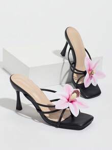 planare 女士时尚休闲优雅方头花卉装饰一脚蹬舒适 PU 平底凉鞋，适合夏季日常、通勤、约会、派对、婚礼，可搭配连衣裙 - 黑色 - 查看 5