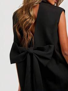 黑色露背蝴蝶结连衣裙，女士时尚无袖镂空甜美风套装连衣裙，适合所有季节春季穿着 - 黑色 - 查看 3