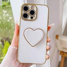 镀金心形支架和镀金手机壳，适用于 17 16e 15 14 13 12 11 XS XR X 7 8 Plus Pro Max Galaxy S25 S24U S23 A55 A54 A35 A25 A17 A07 A16 A06，镀金保护套 - 白色 - 查看 5