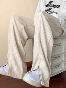 Men's Summer Corduroy Zipper Slit Wide Leg Pants, Solid Color Versatile Casual Sports Trousers