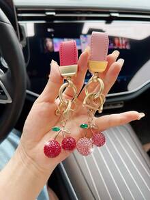 1pc Leather Belt Alloy Rhinestone Fruit Design Car Keychain - one-size - View 9