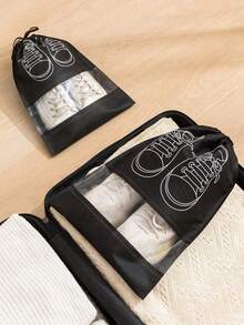 10pcs Non-Woven Fabric Shoe Bags, Plain Gray Color Dust-Proof Reusable Shoe Covers, Drawstring Closure Travel Shoe Storage Bags - Black - View 6