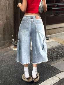 Women's Y2K Cargo Ripped Denim 3/4 Pants - Light Wash - View 9