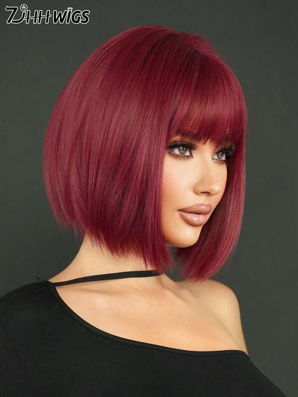 7JHH WIGS 12 Inch Grape Purple Red Bob Wigs For Women - Elegant Short Straight Wig With Bangs Soft Natural Synthetic Heat Resistant Hair Wigs For Daily Wear, School & Music Festivals Celebrations Use. Graduation Gift & Mother's Gift Wig Accessories
