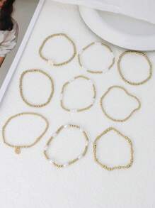 9 Stücke Mode CCB goldfarbene Perlenimitat Mehrschicht Elastik Armband Set mit Kreuz Anhänger, stapelbare Armbänder für Frauen, geeignet für Alltag, Urlaub, Party