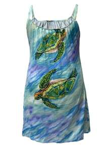 Plus Size Casual Vacation Style Ocean Creature Turtle Print Summer Sleeveless Dress - Baby Blue - View 3