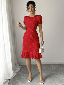 2025 Spring/Summer Women's Elegant Christmas Jacquard Solid Color Round Neck Ruffle Hem Puff Sleeve Mid-Length Dress - Red - View 6