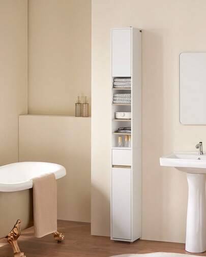 SoBuy Högt badrumsskåp Badrumsskåp tillverkat av MDF (E1) målat vitlackerat ca 20x180x20cm BZR34 Hem Badrumsinredning Badrumsorganisatör SommarBadrumstillbehör