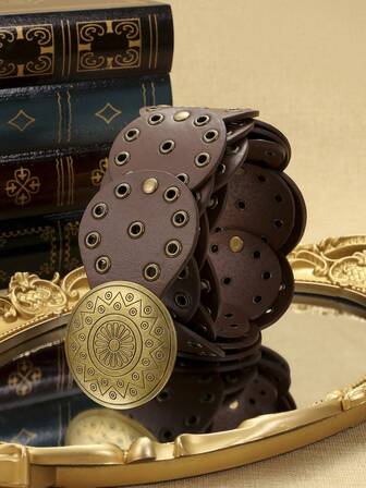 1 pieza Cinturón de mujer de color café con círculo de PU, hebilla con estilo bohemio floral, adecuado para salidas, fiestas y uso diario, versátil y de moda para verano, escuela, otoño y Halloween