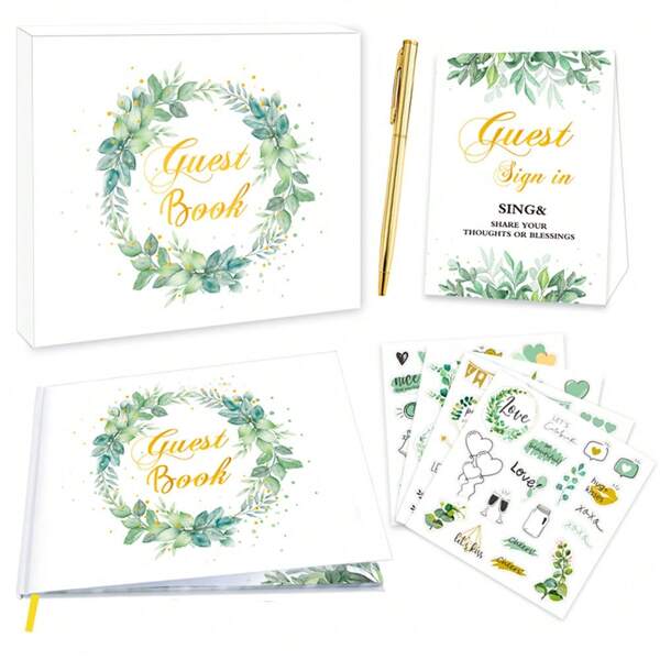 Set de libro de firmas de boda - (incluye caja de regalo, 1 libro de firmas de boda, 1 tarjeta de registro de invitados, 1 bolígrafo para firma, 4 pegatinas de boda), libro de registro de invitados a la boda, set de regalo de boda de lujo, el mejor regalo para el novio/novia/boda/cumpleaños/graduación