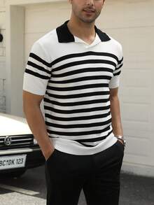 Camisa polo de punto de manga corta a rayas de verano casual para hombres - Blanco y Negro - Ver 3