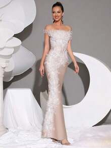 全新性感露肩奢华珍珠亮片刺绣修身露背绷带美人鱼长裙，优雅闪亮女士婚礼宾客、伴娘、派对礼服 - 卡其色 - 查看 2