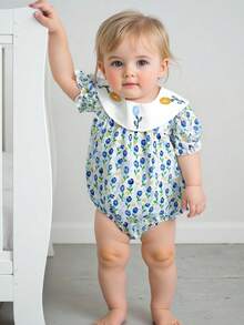 Baby Girls Rompers Tulip Embroidery Round Neck Short Sleeve Infant Bodysuits Jumpsuits - Blue - View 3