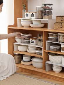 1pc Expandable Kitchen Storage Rack, Plastic Countertop Cabinet Organizer With Adjustable Shelves & Dividers For Spices And Cookware, No Assembly Required, Tiered Shelves, Utensil Rack - Multicolor - View 6