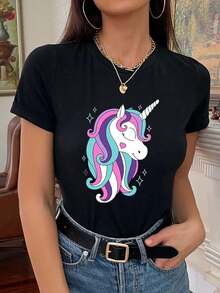 100% Cotton Unicorn Shirts For Women For Her Cute Graphic Merchandise Unicorn Birthday Gifts For Womens Summer T-Shirt For Women - Black - View 1